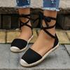 Fashion Women Sandals Summer Fashion Round Toe Solid Casual Shoes Flat Ankle Lace Up Rattan Straw Sole Roman Sandals Designer Sandals
