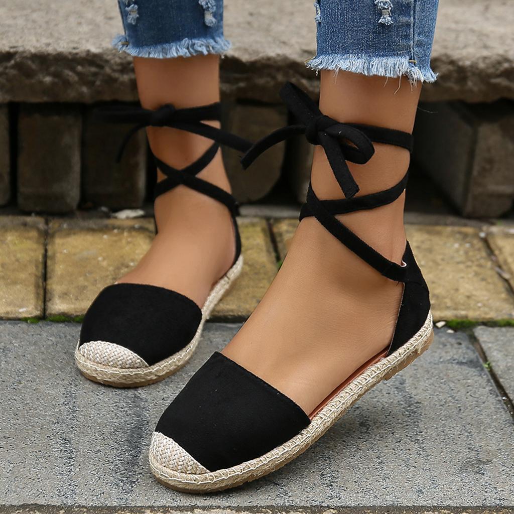 Fashion Women Sandals Summer Fashion Round Toe Solid Casual Shoes Flat Ankle Lace Up Rattan Straw Sole Roman Sandals Designer Sandals