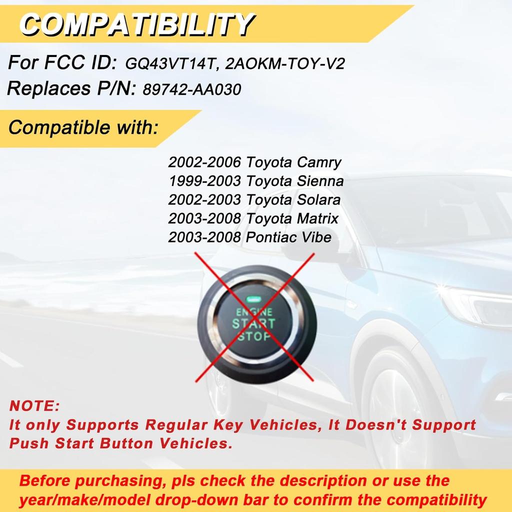 Key Fob Replacement for 2002-2006 Toyota Camry/ 03-08 Matrix/ 99-03 Sienna/ 02-03 Solara/ 03-08 Pontiac Vibe Car Keyless Entry Remote