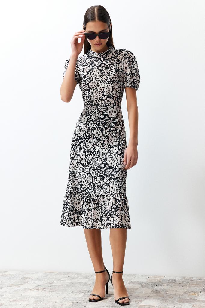 Women's Fashion New Dress Green Floral Patterned A-Line Flounce Lined Midi Woven Dress