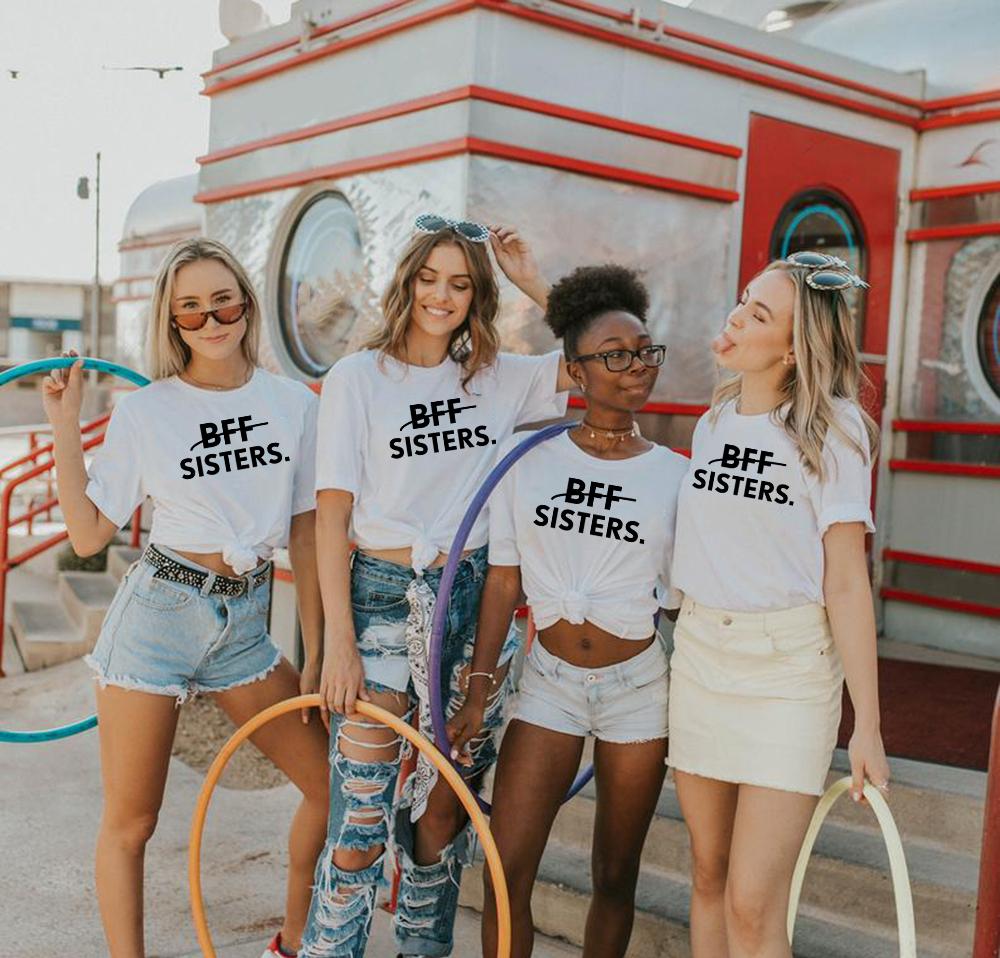 1pcs BFF SISTERS Letters Printing Casual Tee Solid Color Best Friends Matching T Shirt Girls Fashion