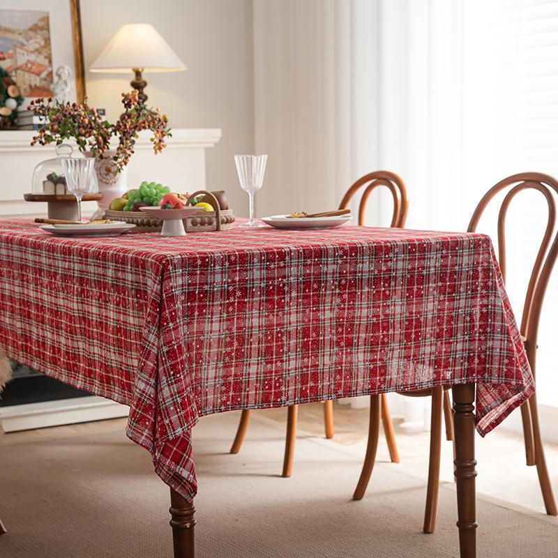 American Cotton Linen Christmas Tablecloth Holiday Plaid Dining Table Cover Snowflake Pattern