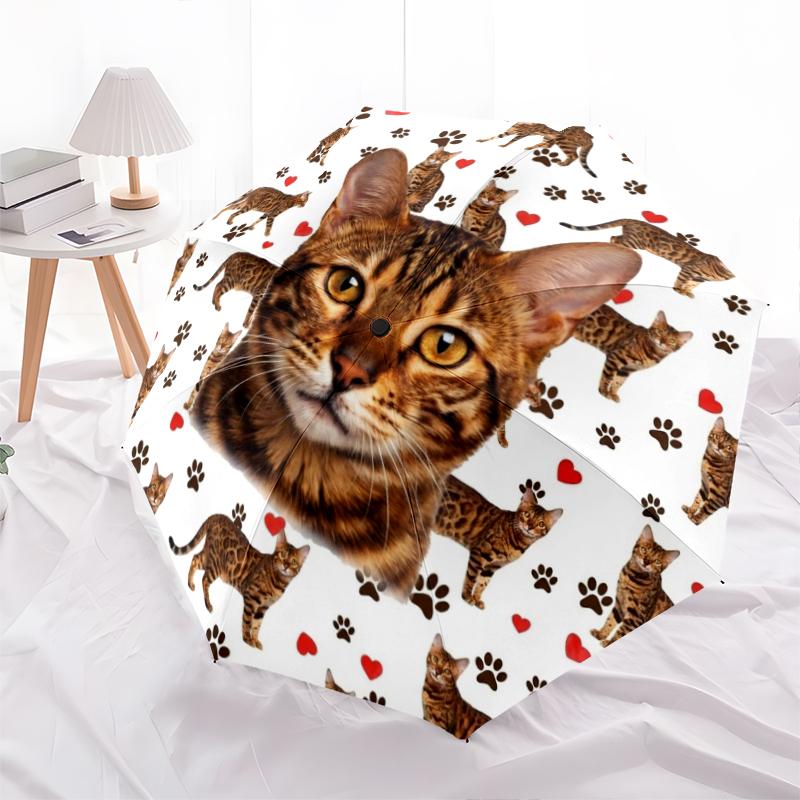 1 шт. Автоматический складной зонт - Узор с милыми кошками и кроликами, Портативный и складной дизайн с 8 спицами, Рождественские и новогодние подарки