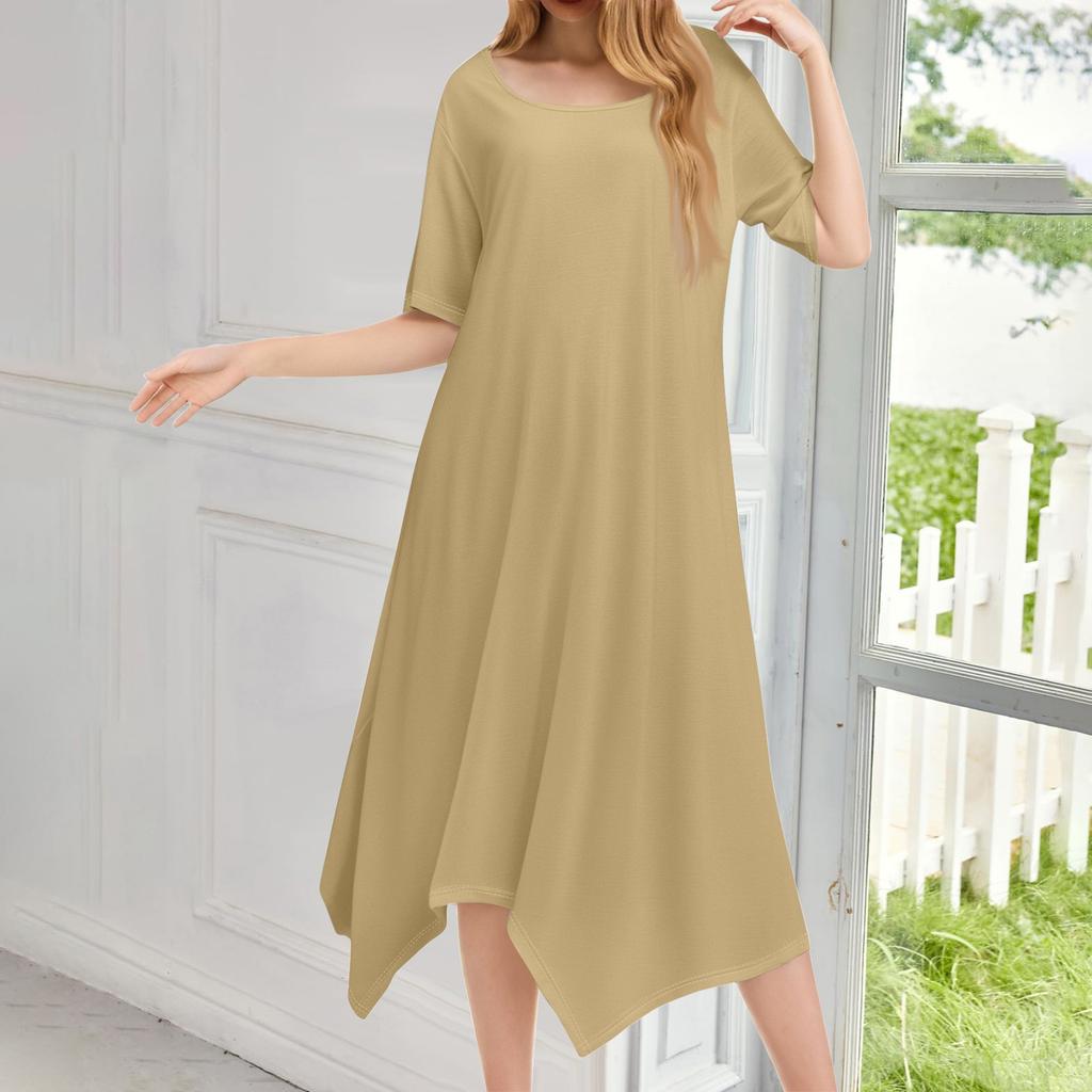 Женское повседневное модное платье миди с круглым вырезом и коротким рукавом, однотонное, с неровным подолом