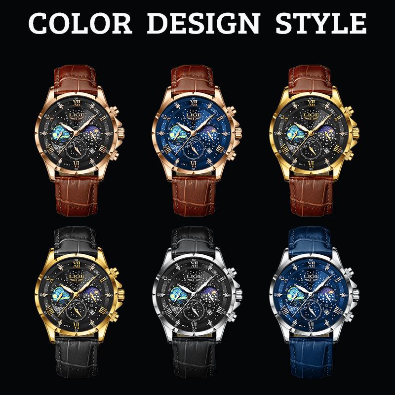 LIGE Новые модные мужские часы, роскошные деловые кожаные мужские часы со звездным небом, кварцевые часы с ночным светом, водонепроницаемые наручные часы, автоматические часы с кодом даты и времени