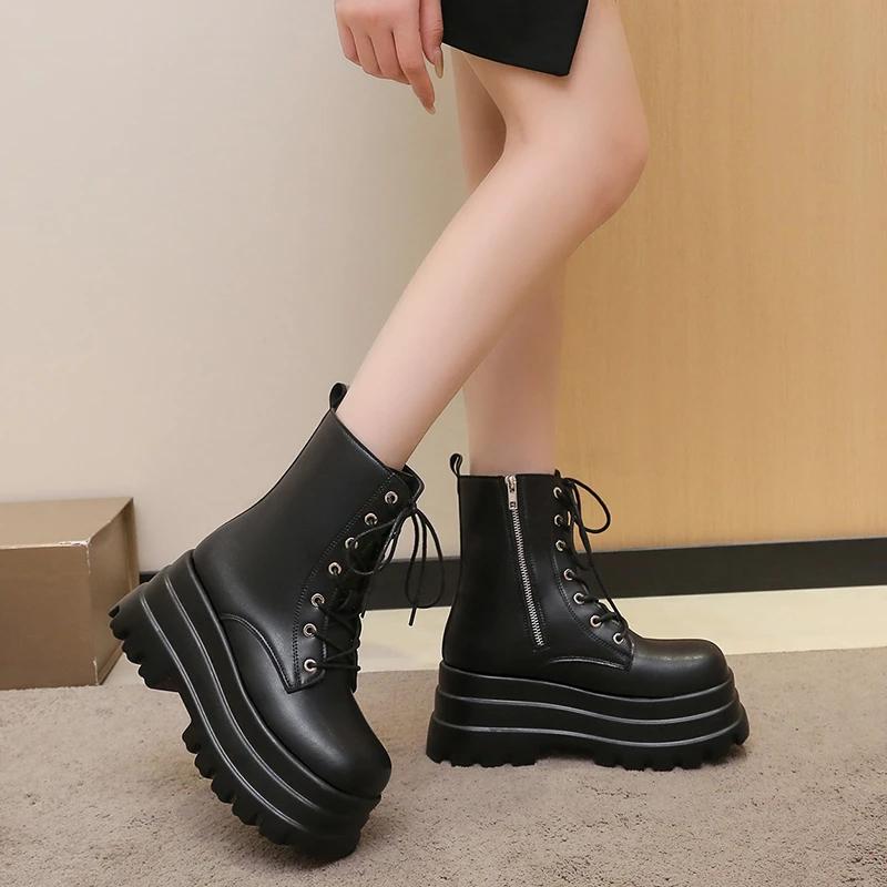 Fashion New Sexy Chain Women Leather Autumn Boots Block Heel Gothic Black Punk Style 8.5CM Platform Shoes Female Footwear High Quality