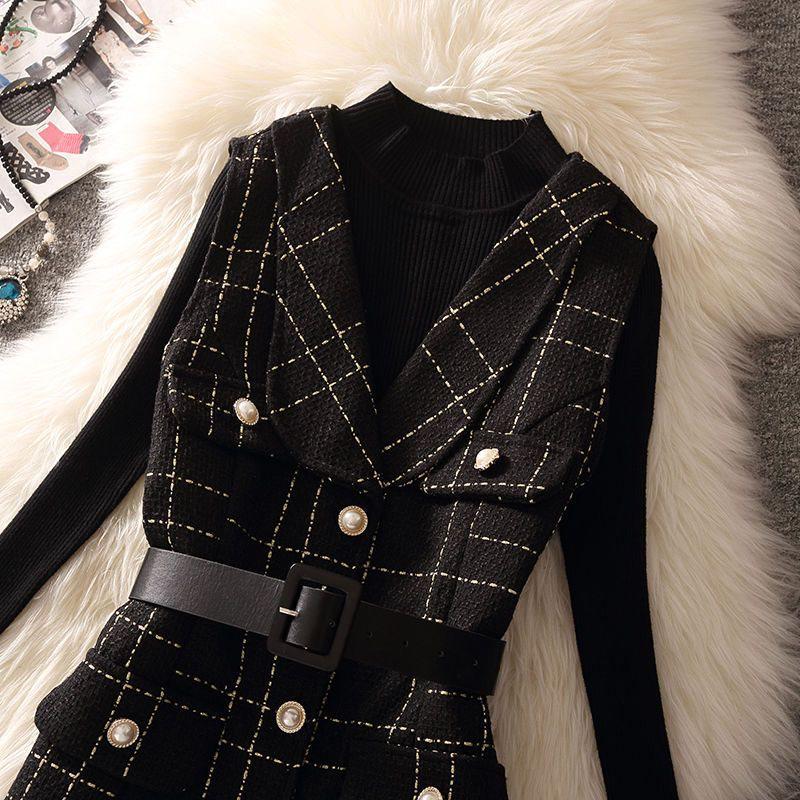 Женское модное шерстяное платье А-силуэта в клетку с вязаной рубашкой