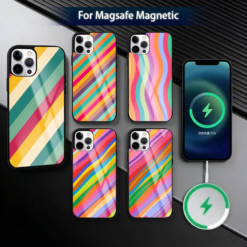 Striped Color Blocking Art Pattern Phone Case For iPhone17,16,15,14,13,12,11 Plus,Pro Magnetic For Magsafe Wireless Charging