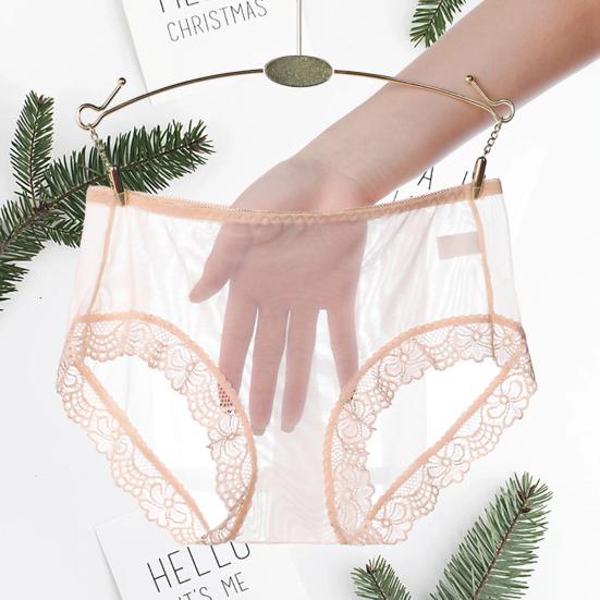 Women Panties Mid Waist Breathable Stretch Soft See-through Floral Lace Sexy