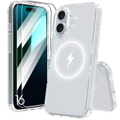 Защитный чехол - BOOLING - для iPhone 16 - Магнитный круг - Прозрачный - 2 Закаленных стекла