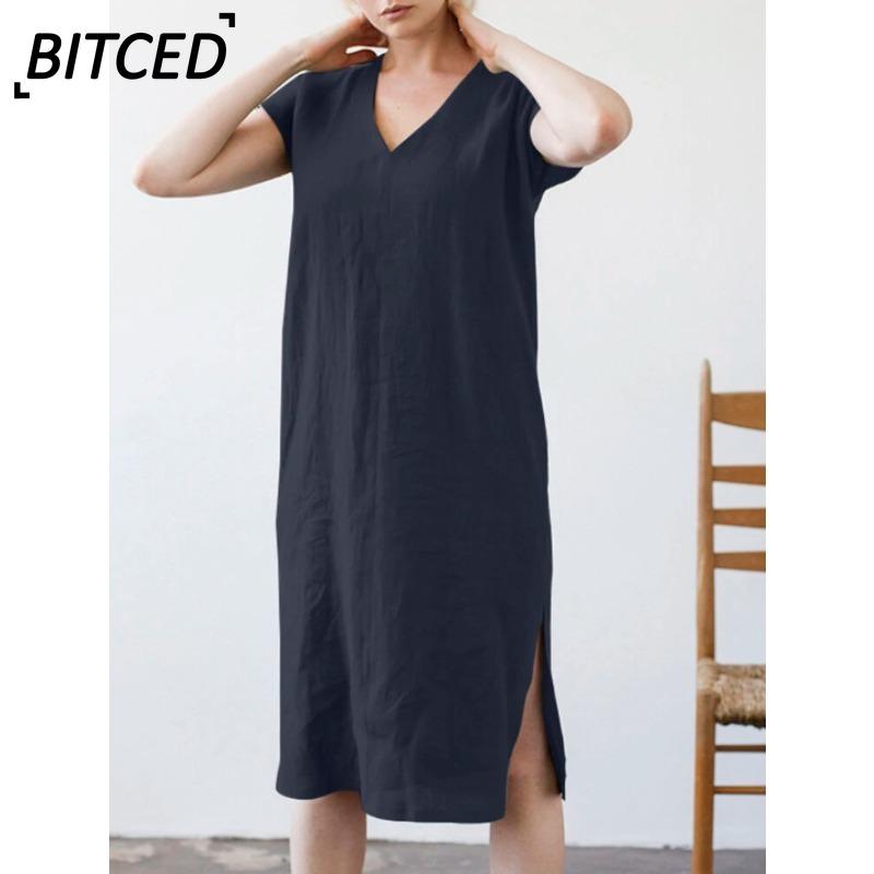 BITCED Модные летние весенние однотонные принтованные повседневные платья с коротким рукавом и V-образным вырезом
