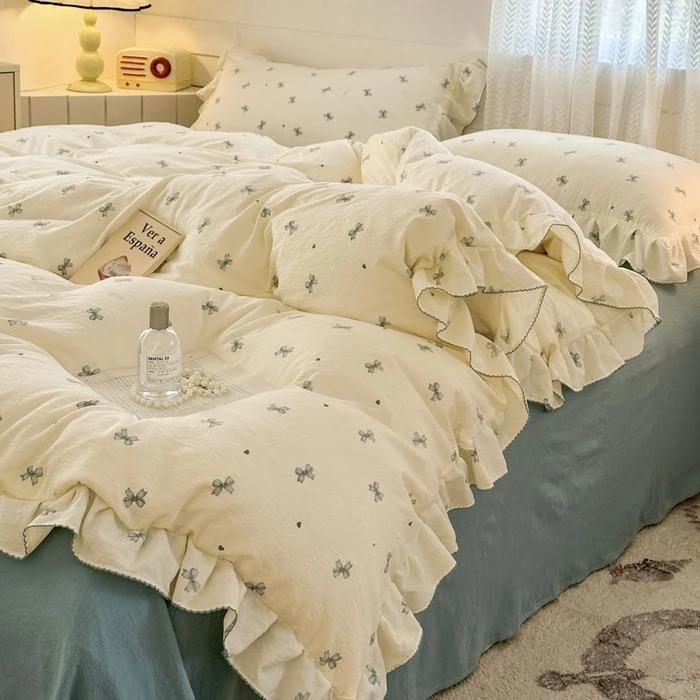 Princess Style Bedding Sets Ruffle Lace Bow Quilt Cover Romantic Bedclothes Decor Woman Girls Bedroom Duvet Cover 4pcs