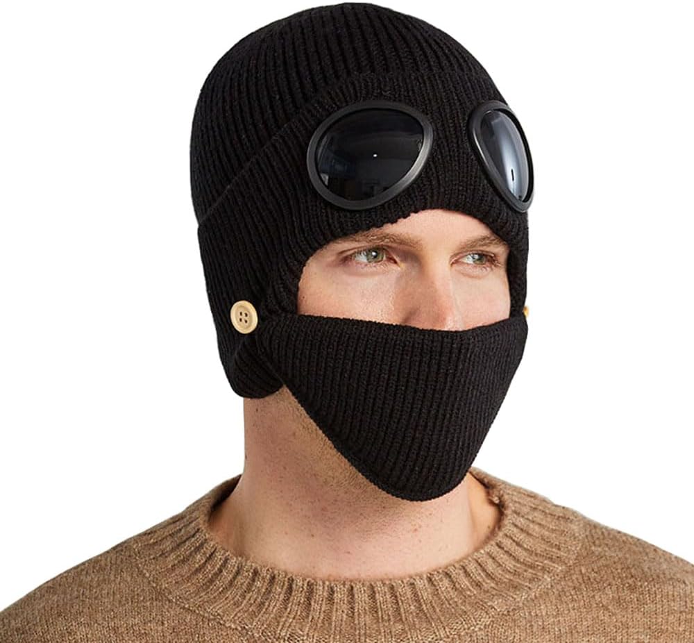 Unisex knitted goggles integrated hat, 3-in-1 outdoor cold hat (including mask and ear protectors) black