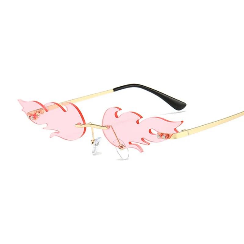 Fashion Style Oval Fire Flame Sun Glasses Woman Metal Material Rimless Sun Eyeglasses Female Small Glasses Frame Ocean Mirror Luxury Design Oculos