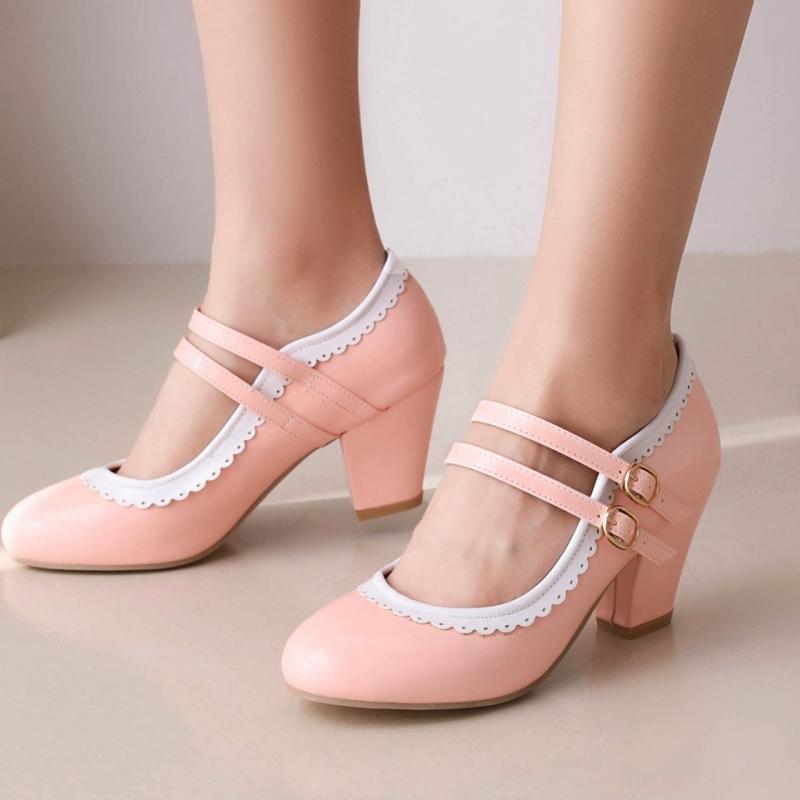 Fashion Sweet Women's Heels Size 45 Pumps Lolita Mary Janes Shoes Big Size Elegant Black Red Pink Heeled Office Wedding Shoes For Girls