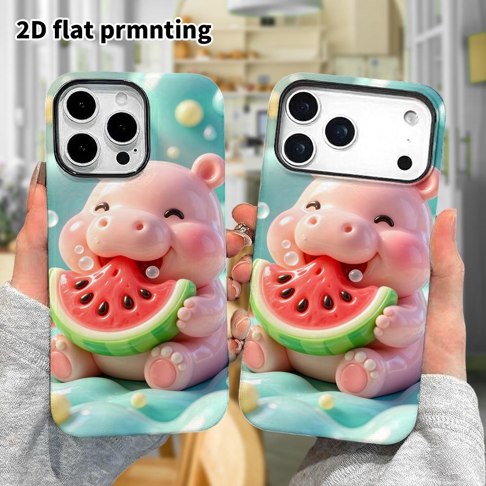Phone Case: 2D flat design suitable for iPhone 18 17 16 15 14 13 Pro protective case, watermelon-eating little hippo, perfect Christmas and Halloween