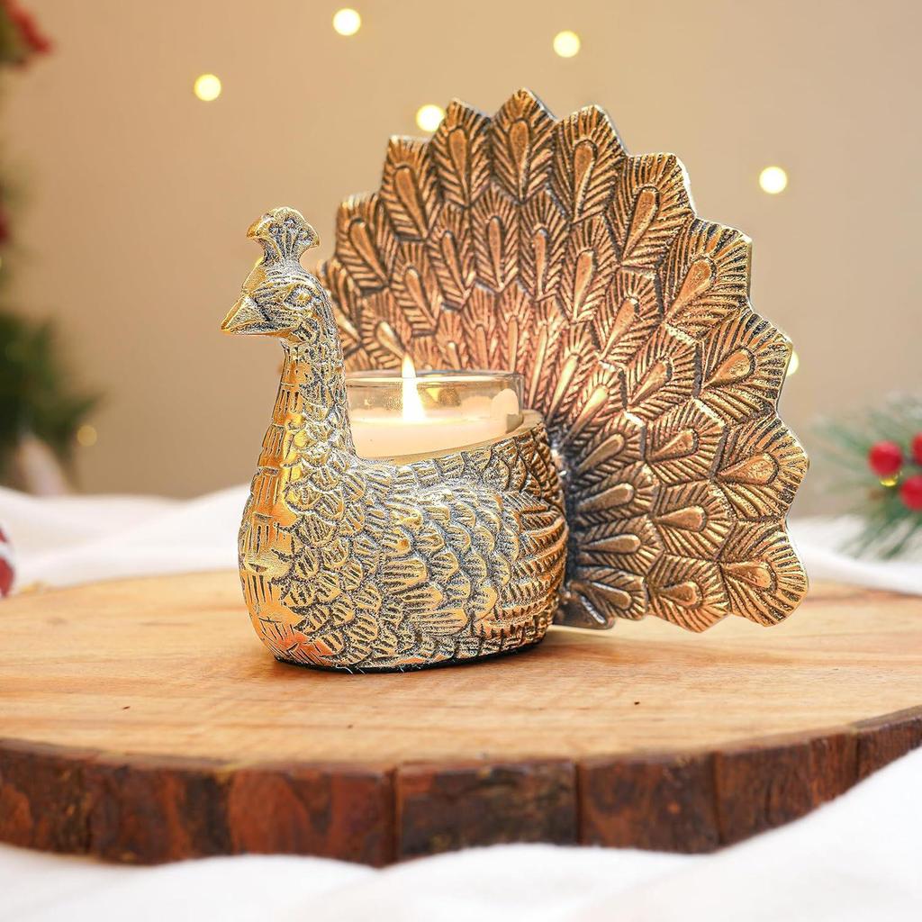 Metal Dancing Peacock Figurine for Good Luck and Love | Candle Holder for Home Dcor Tabletop Living | Showpiece