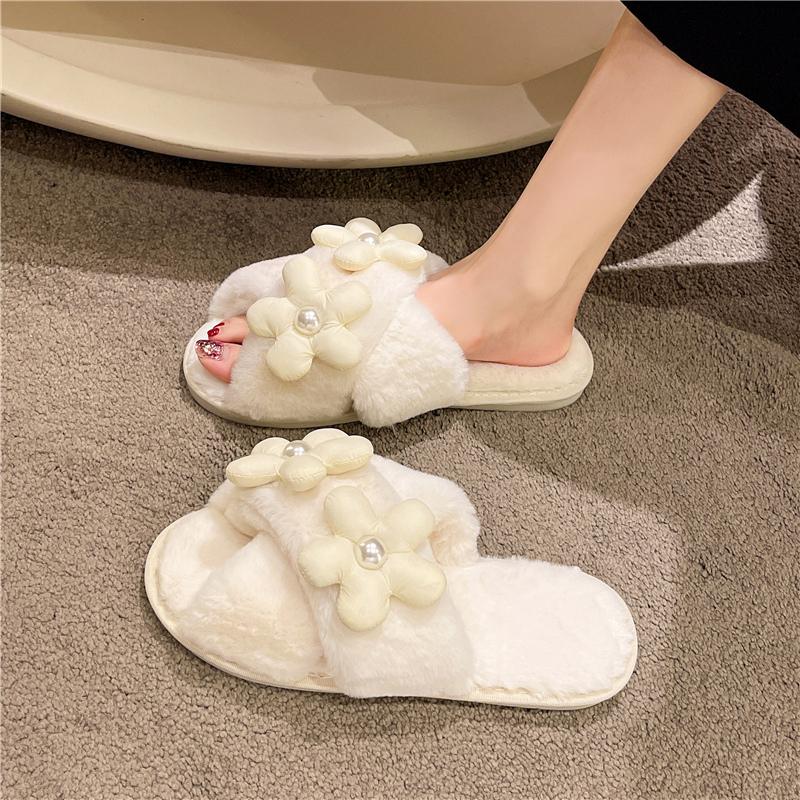 Модные зимние женские теплые и пушистые домашние тапочки из хлопка с цветочным жемчугом
