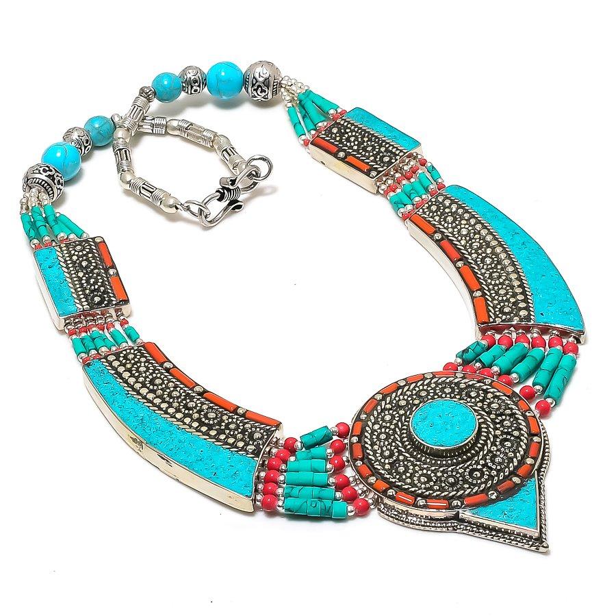 Натуральная тибетская бирюза, коралловый драгоценный камень, ожерелье ручной работы, 18 дюймов, D7m88