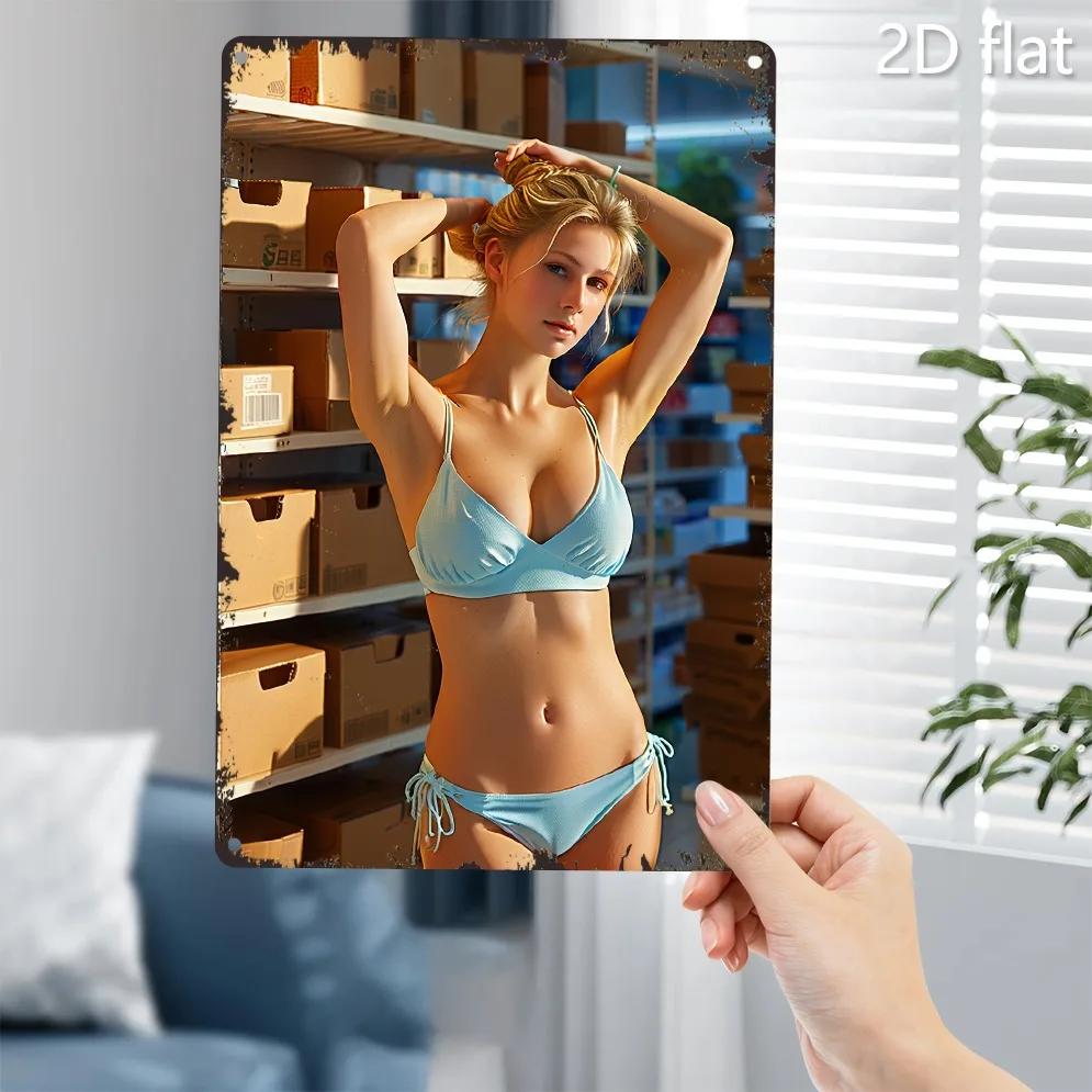 Винтажная металлическая настенная табличка 2D Девушка в бикини Индустриальное жестяное искусство Декор Влагостойкая для помещений и улицы