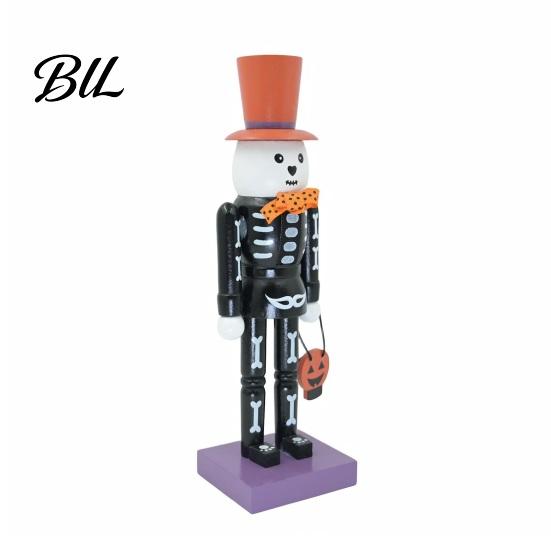 Solid Wood Holiday Statue Halloween Nutcracker Wooden Figurine, Hand-Painted Skeleton Soldier Ornament, Retro Indoor Tabletop Decor Style Decorative