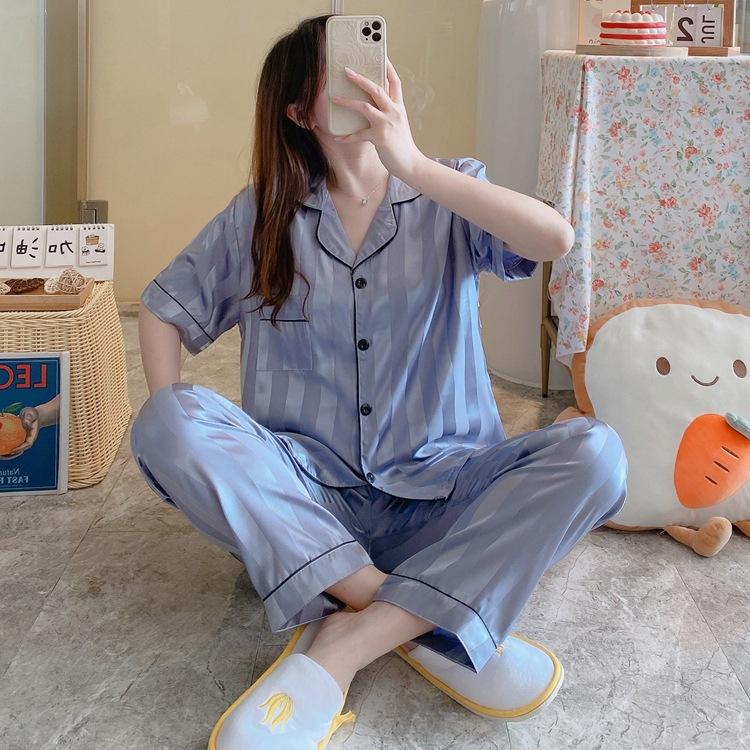 Summer Women's Ice Silk Pajamas Homewear Set Ins Korean Vertical Stripes Simple Pajamas Loose Girls Homewear Set