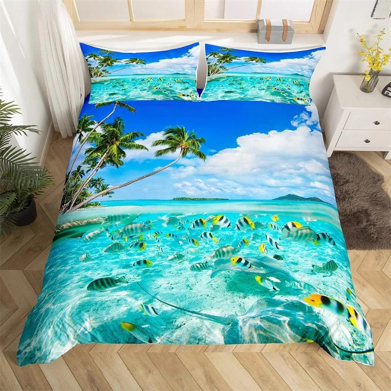 Пододеяльник Summer Beach King Queen с изображением синих морских рыб, комплект постельного белья Hawaiian Sea Palm Trees, пододеяльник с изображением морских животных