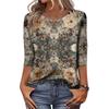 Trendy Vintage 3/4 Sleeve Top For Women,Ladies Casual Three Quarter Sleeve Round Collar Printed T-Shirt Blouse