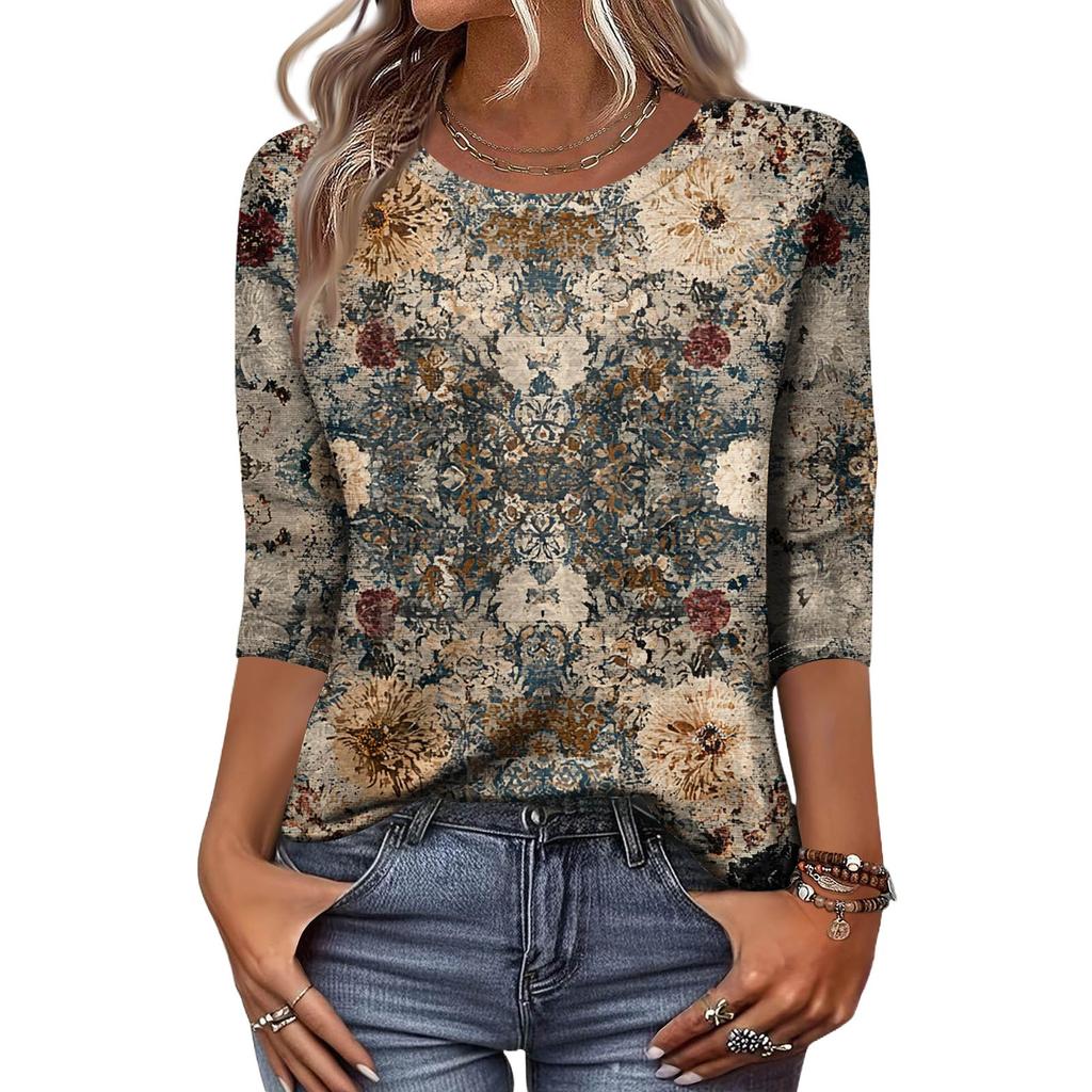 Trendy Vintage 3/4 Sleeve Top For Women,Ladies Casual Three Quarter Sleeve Round Collar Printed T-Shirt Blouse