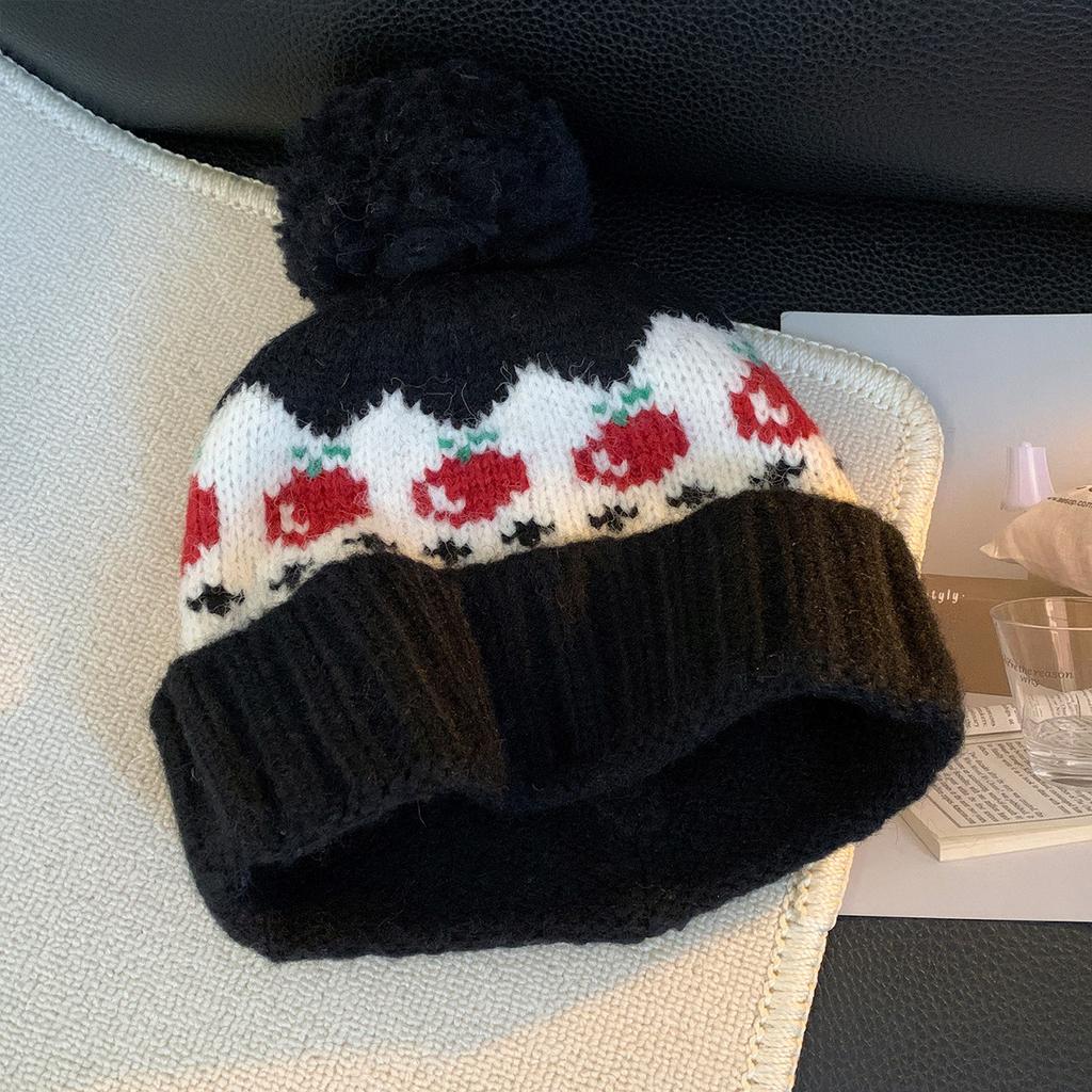 Шапка шерстяная с помпоном из красной вишни и узором Фэр-Айл, женская, милая, теплая, для альпинизма, с защитой ушей, вязаная