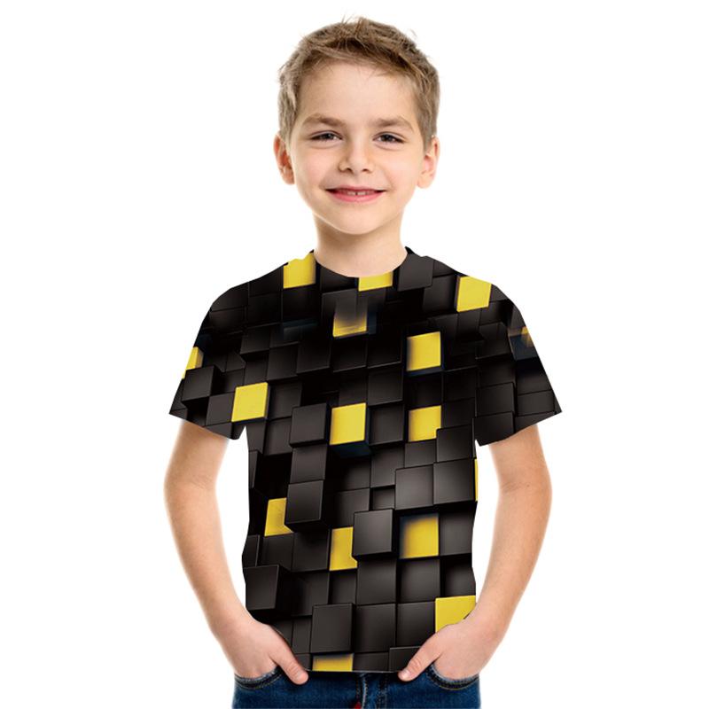 Summer Round Neck 3D Geometric Pattern Printed Top Fashionable Casual Short Sleeved Children's Boy T-shirts