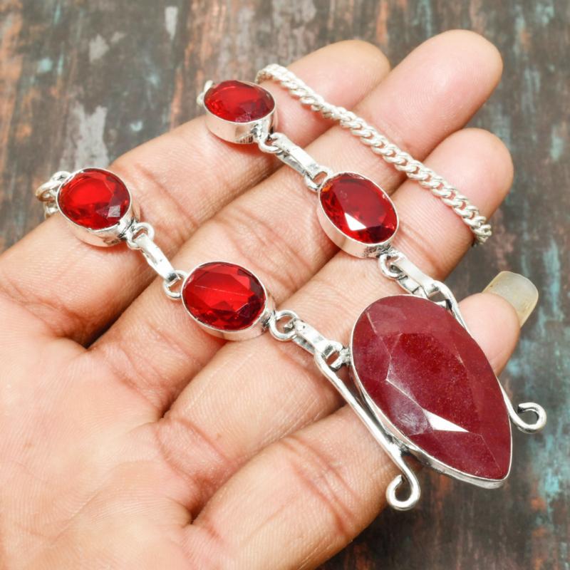Gorgeous Kashmir Red Ruby Gemstone Handmade 925 Sterling Silver Jewelry Necklace