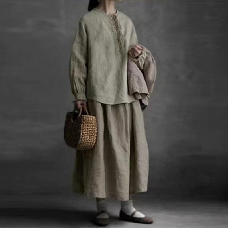 Johnature French Vintage Patchwork Ruffle Edge Round Neck Shirt For Women Casual Versatile Loose Vacation Blouses