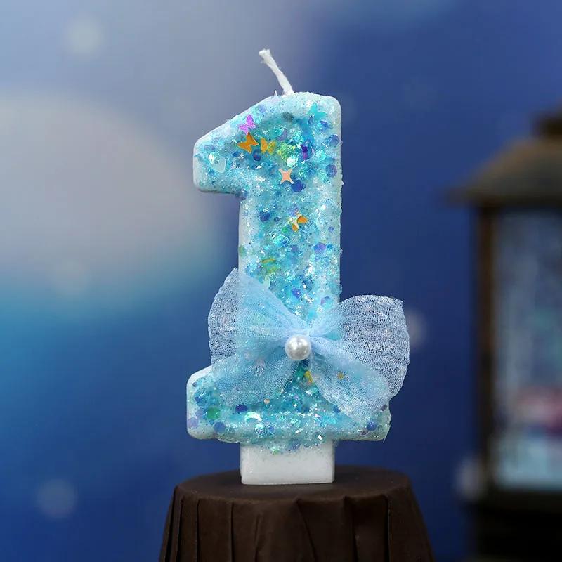 Y 3D Blue Bow Sparkling Number Candles - Birthday Cake Topper with Glitter Accents, Kawaii Party Decor for Birthdays/Weddings