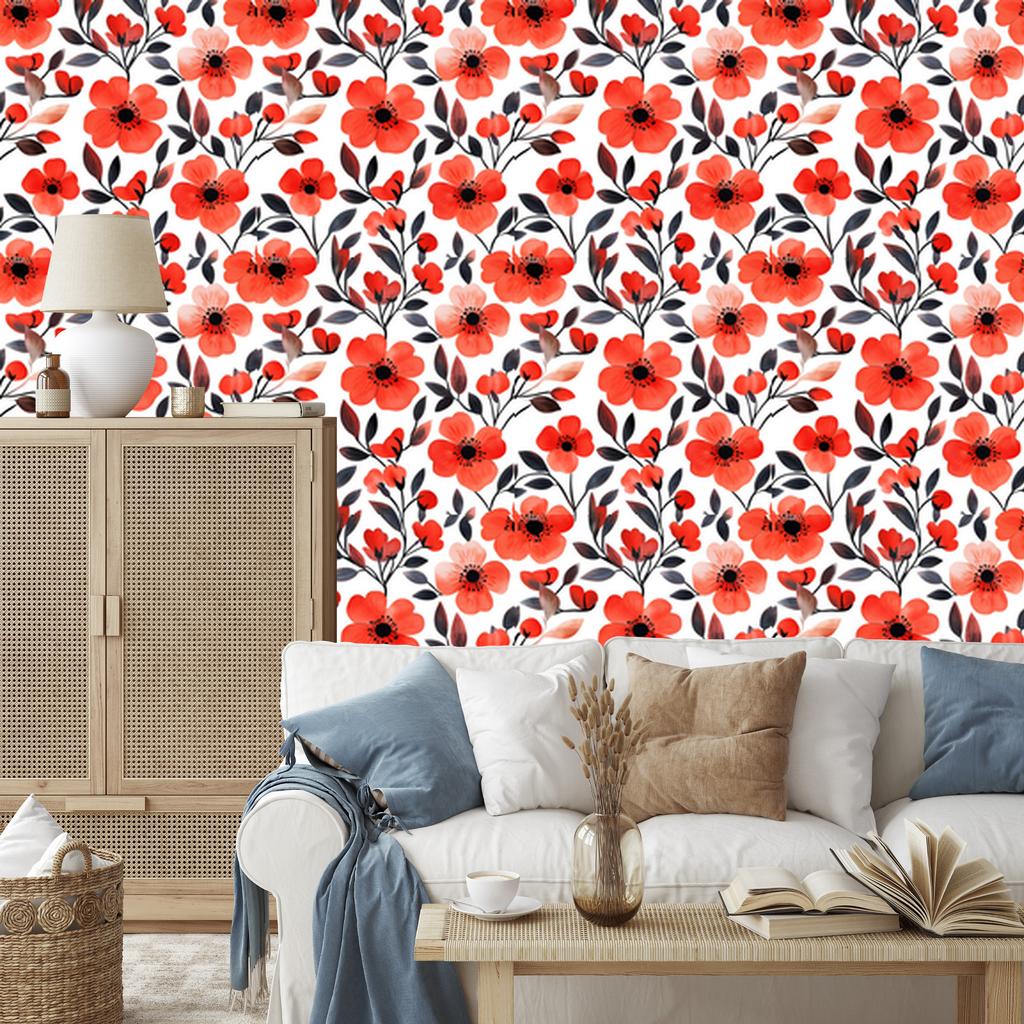 Wallpaper Flowers and Leaves Red and White for Living Room and Bedroom 50x1000
