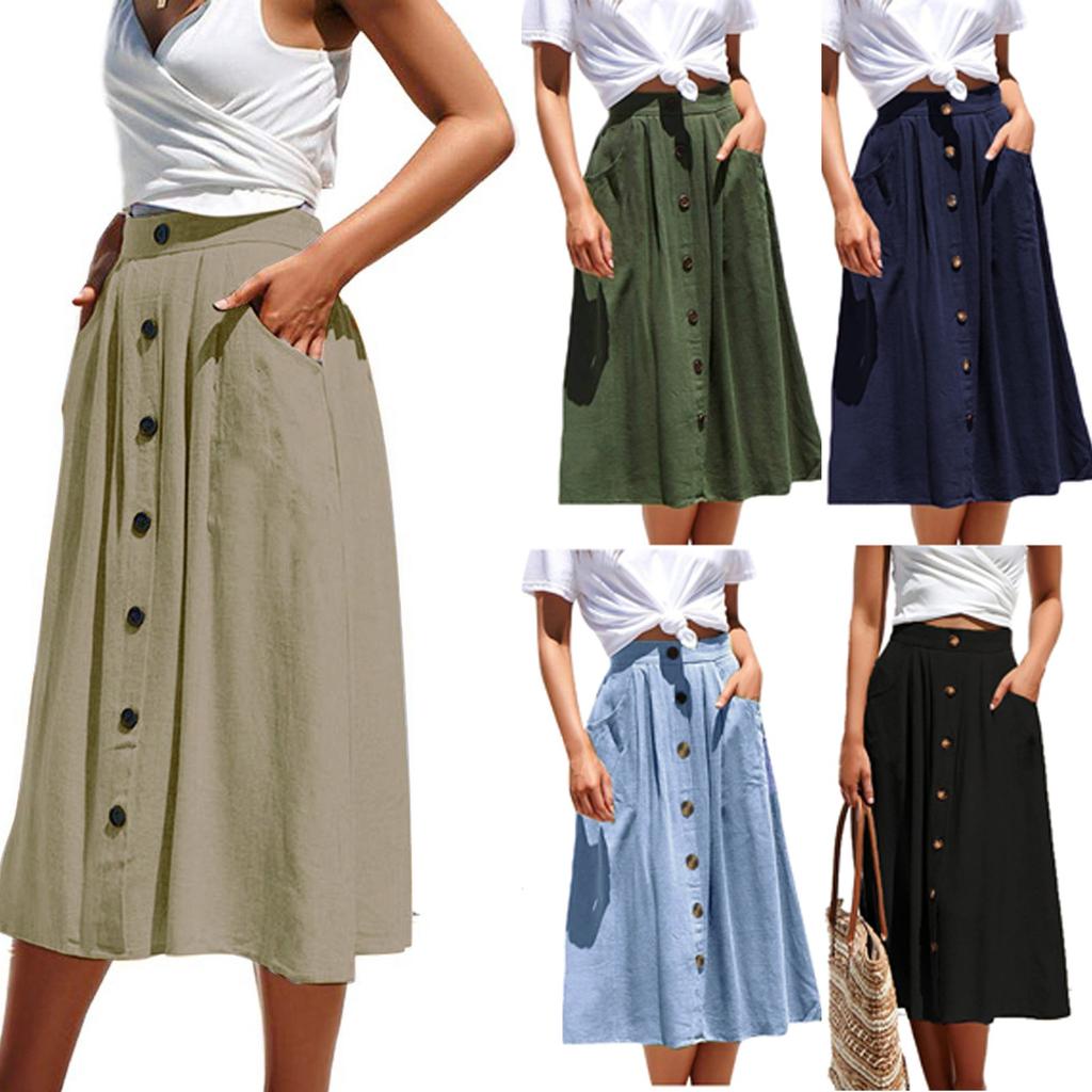 Women's Casual Loose Casual Pocket A-line High Waisted Mid Length Skirt With Pocket
