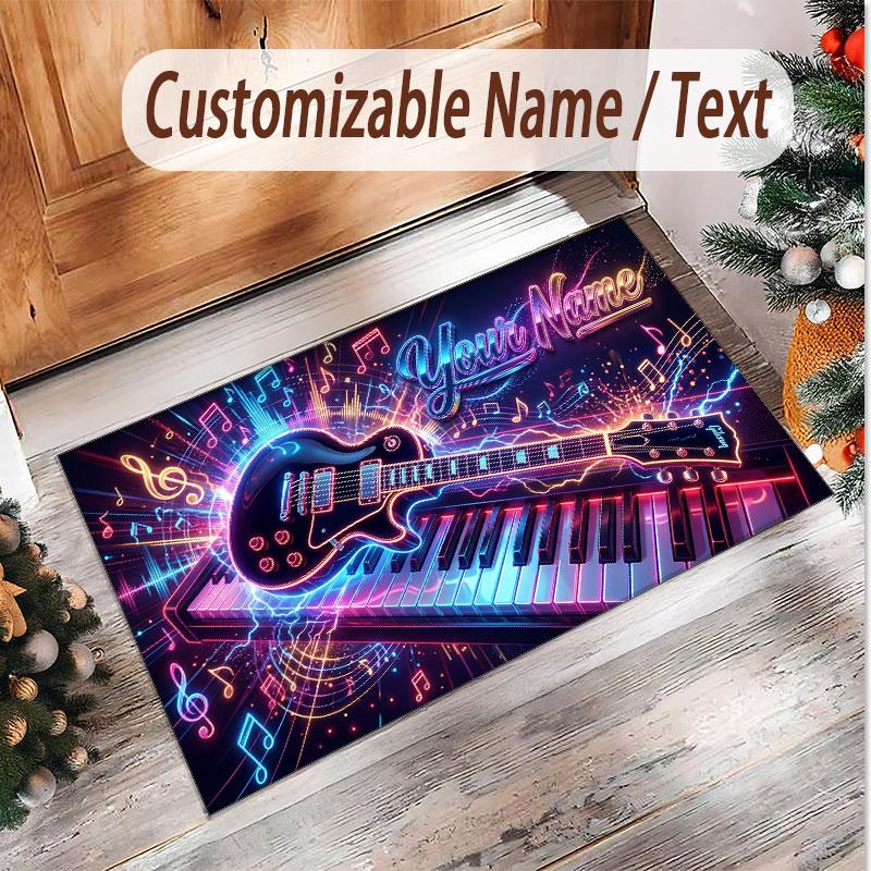 Music Guitar Theme Soft Crystal Velvet Rug Custom Name & Text Print Non Slip Floor Rug for Bedroom Living Room
