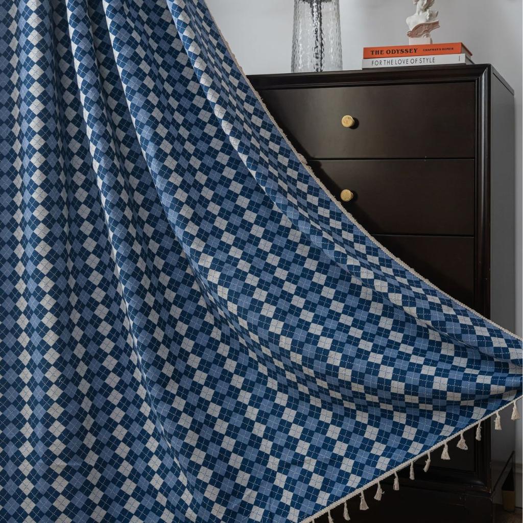 Curtain finished French plaid jacquard blue semi-blackout bay window partition direct supply
