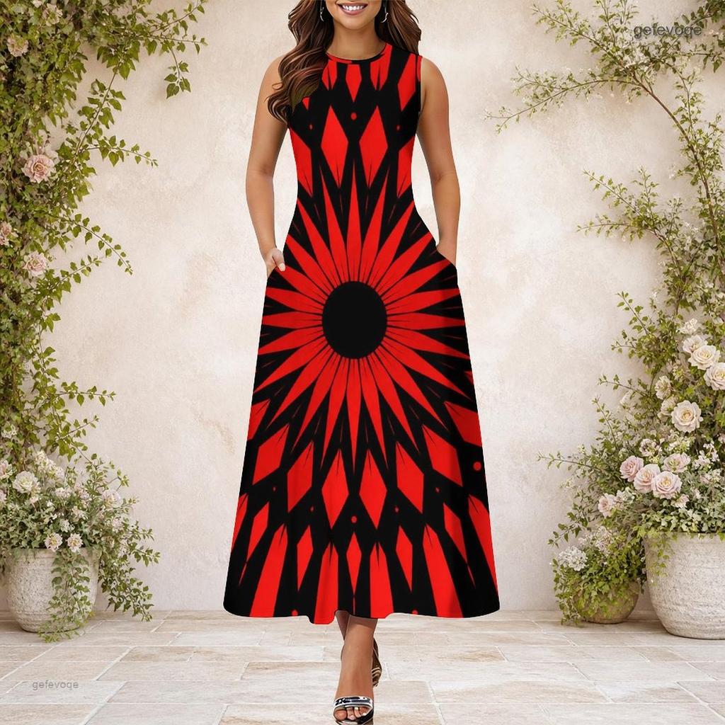 Women Plus Size Round Neck Sleeveless Printed A Line Maxi Dress With Side Pockets