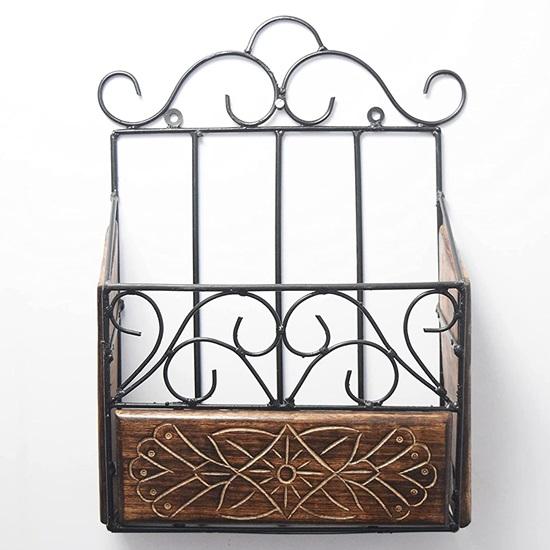 Настенная полка для журналов, газет и книг из дерева и кованого железа высотой 38 см. Настенные держатели журналов.