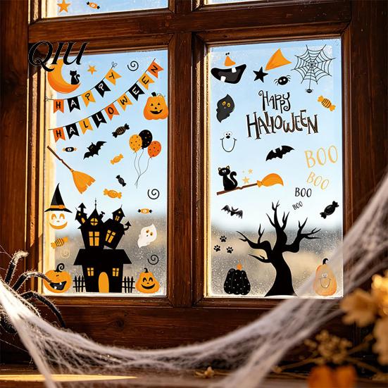Bright Color Halloween Decals 4 Sheets Electrostatic Glass Stickers, Cartoon Pumpkins Castle Bats Window Friendly Art PVC Waterproof Static Clings for