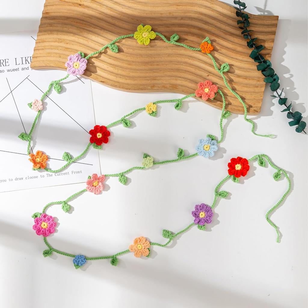 Handmade Crochet Flower Garland, Knitting Wool Spring Bunting Floral Ornaments, Colorful Flower Hanging Garland for Boho 1st Birthday Party Supplies,