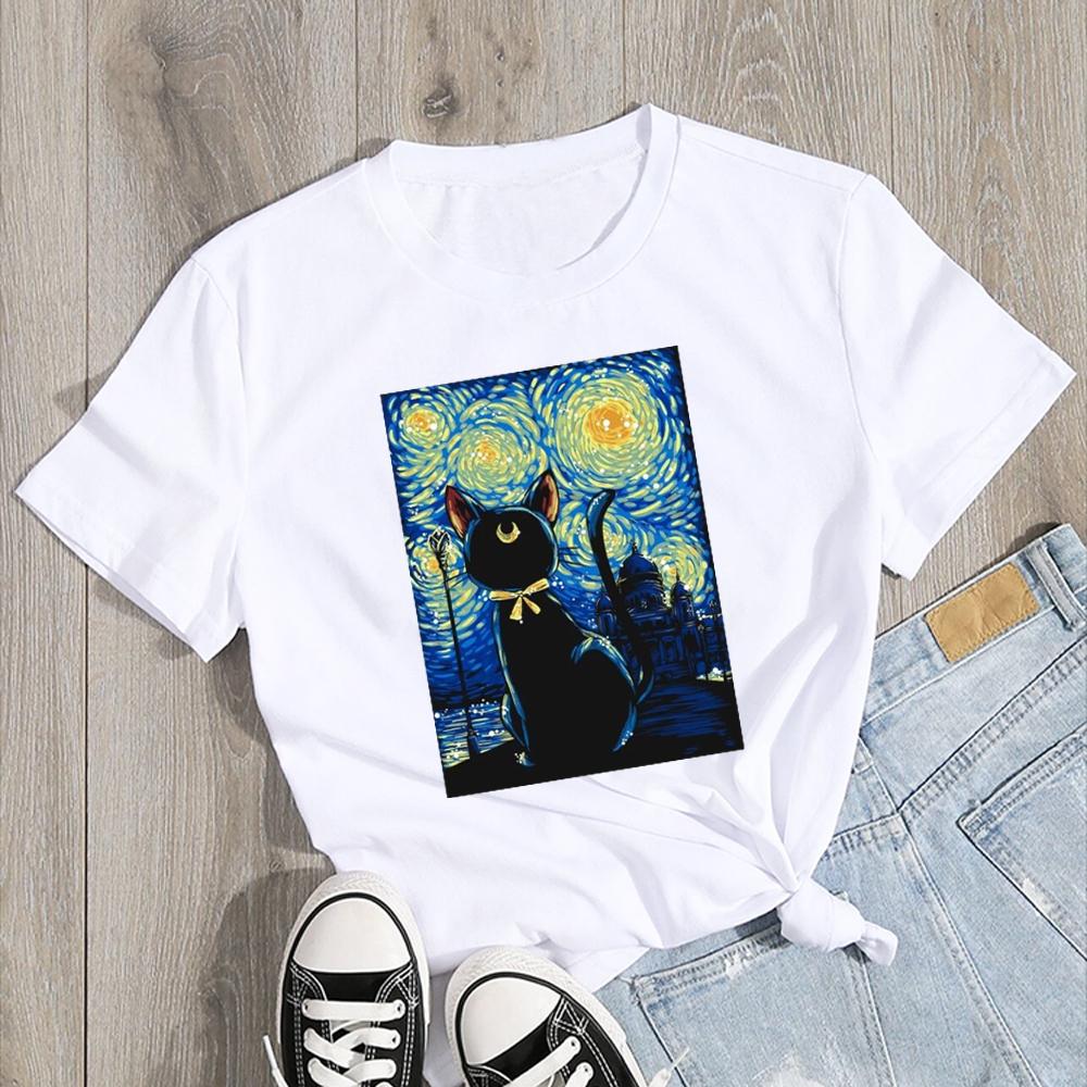 Van Gogh Starry Night Cat In The Print Fashion Soft Summer Women T-Shirt Art Painting Fashion Style Neck T Shirt