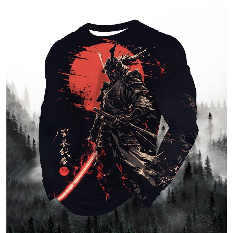 2024 Men's Fashion Printed Round Neck Long Sleeve Autumn Sports Leisure Pullover Men's 3D Japanese Samurai Printed Loose Tops