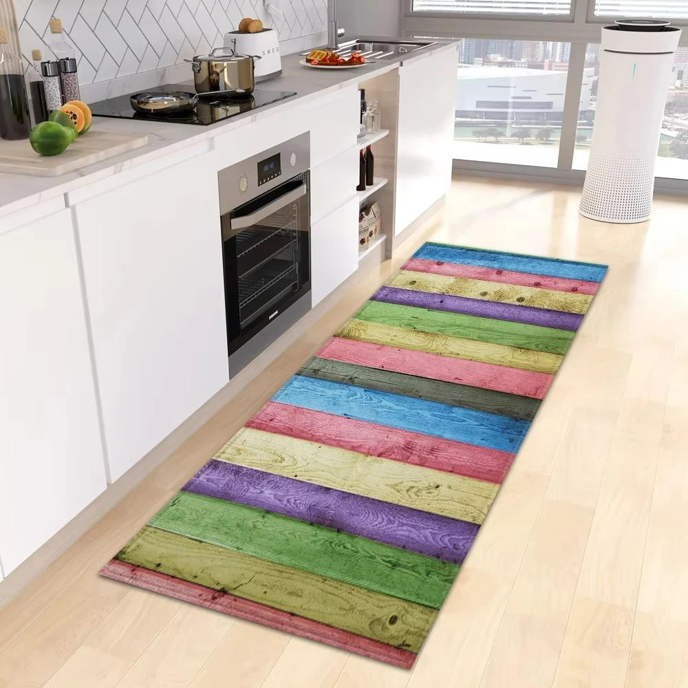 Vibrant Rainbow Gradient Colorful Wood Grain Kitchen Long Runner Rug Kitchen Personalized Decor Non-Slip Soft Floor Mat