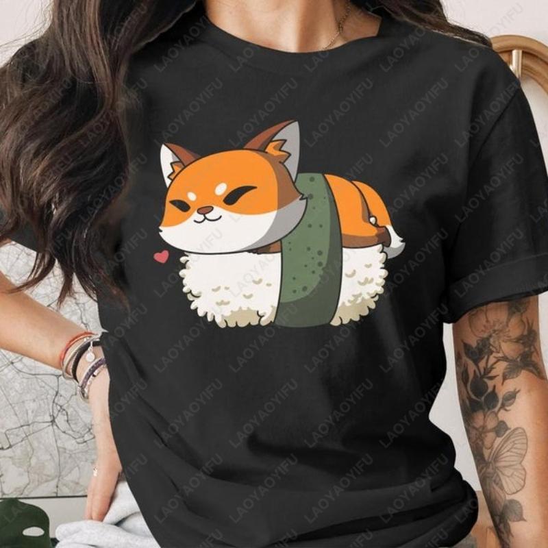 Cute Sushi Fox Unisex Adult Cotton TShirt Fun Japanese Anime Gift Kawaii Food Cute Japan Manga Art Oneck Printed Holiday Tops