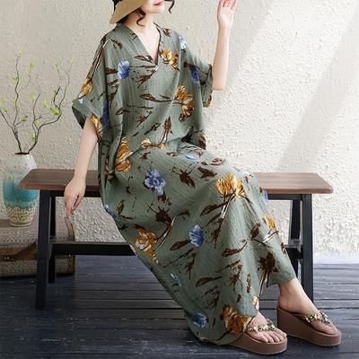 Летнее тонкое хлопково-льняное платье с V-образным вырезом, большого размера, свободное, в литературном стиле, для отдыха, ветровка, пляжная юбка, ретро, скрывающее недостатки фигуры, длинная роба