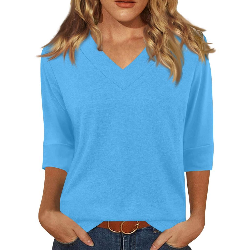 Women's Fashion Casual V Neck 3/4 Sleeve Loose Printed T-Shirt Ladies Top
