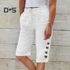 Женские летние шорты, эластичный пояс, регулируемый шнурок, повседневные брюки с карманами, однотонные брюки с декором на пуговицах, брюки длиной до колена