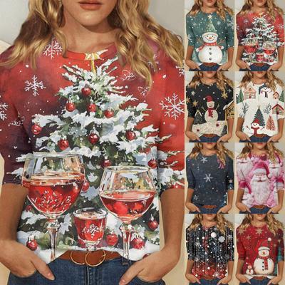 Женская модная повседневная футболка с круглым вырезом и рождественским принтом, семь рукавов